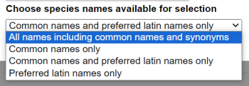 Screenshot of species name options